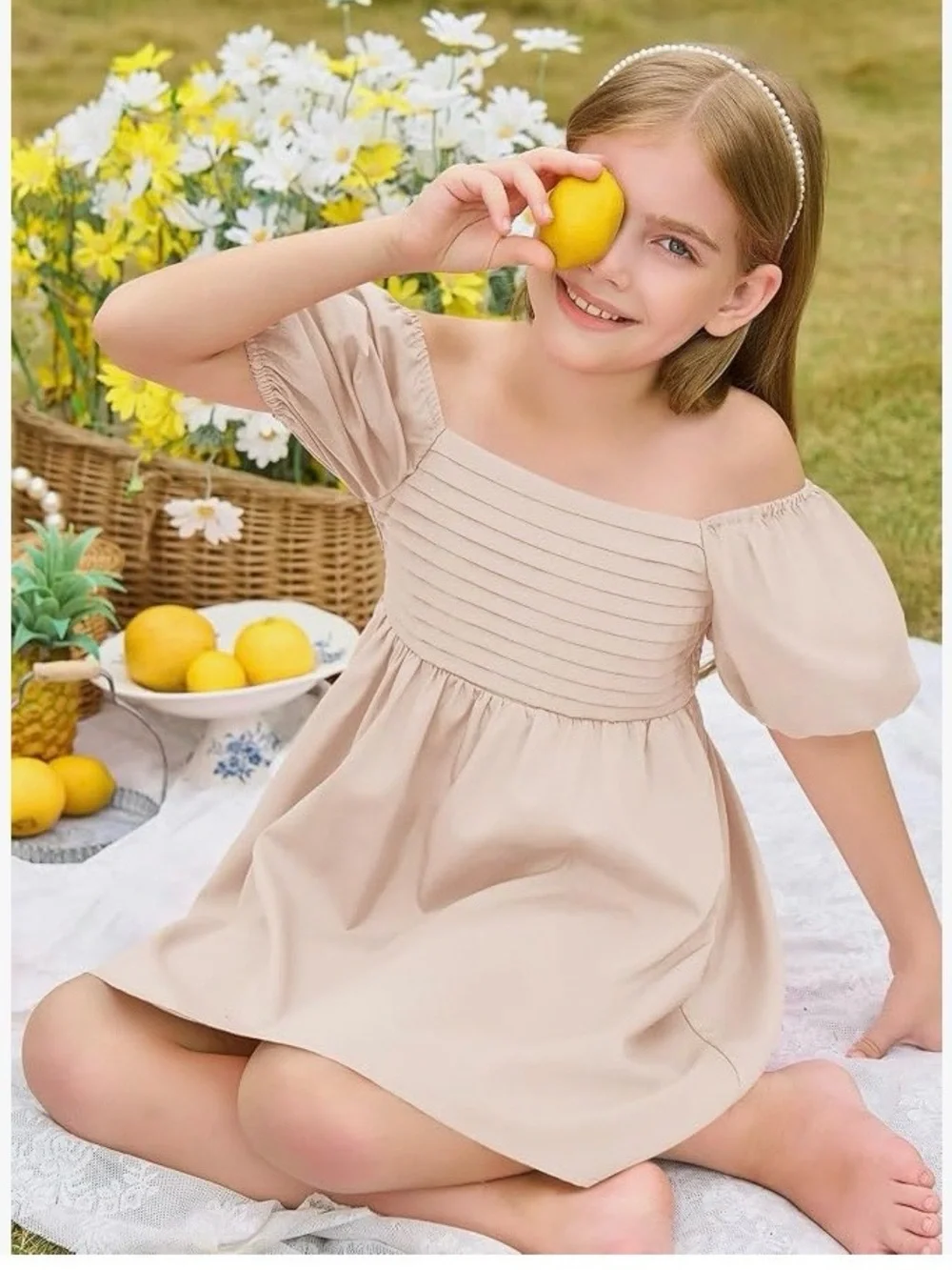 Girls' Cream Puff-Sleeve Square-Neck Dress